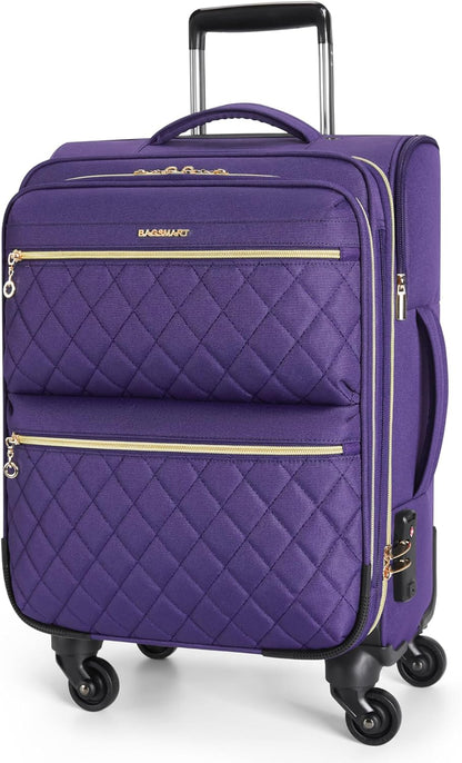 Softside Expandable Luggage Airline Approved with Spinner Wheels, 20 Inch Carry On Luggage 22x14x9 with TSA Lock, Quilted Rolling Suitcases for Women, Purple