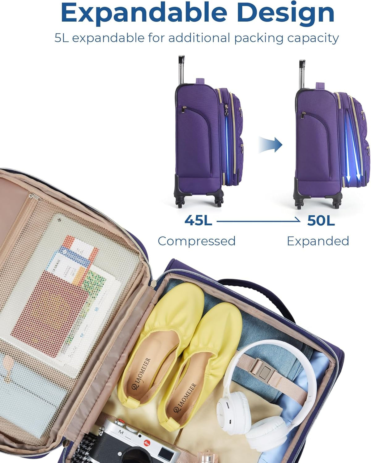 Softside Expandable Luggage Airline Approved with Spinner Wheels, 20 Inch Carry On Luggage 22x14x9 with TSA Lock, Quilted Rolling Suitcases for Women, Purple
