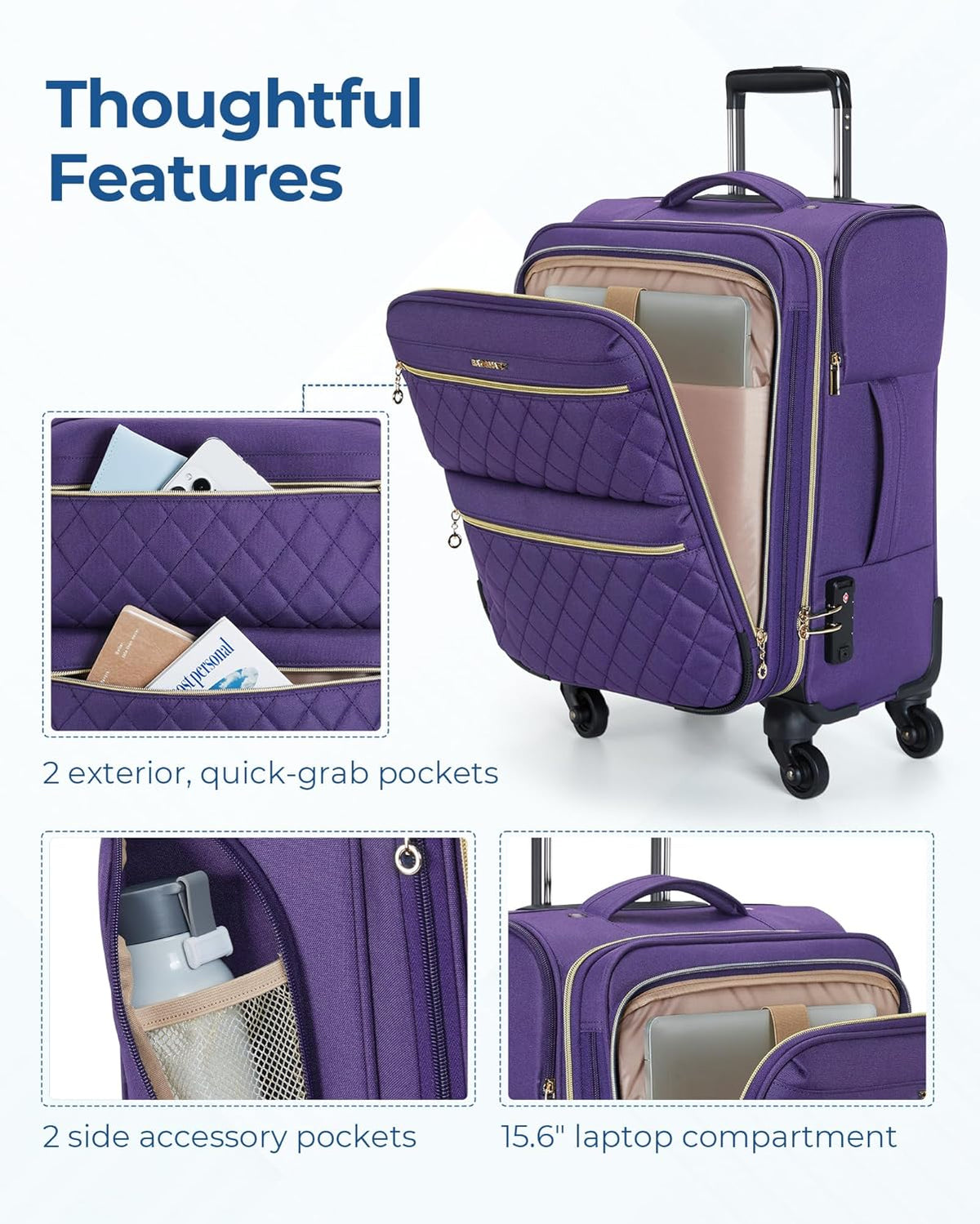 Softside Expandable Luggage Airline Approved with Spinner Wheels, 20 Inch Carry On Luggage 22x14x9 with TSA Lock, Quilted Rolling Suitcases for Women, Purple