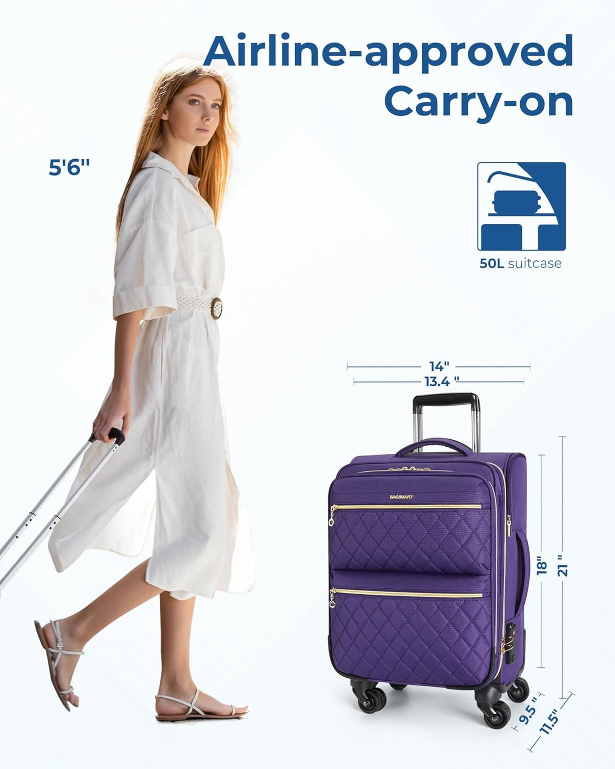 Softside Expandable Luggage Airline Approved with Spinner Wheels, 20 Inch Carry On Luggage 22x14x9 with TSA Lock, Quilted Rolling Suitcases for Women, Purple