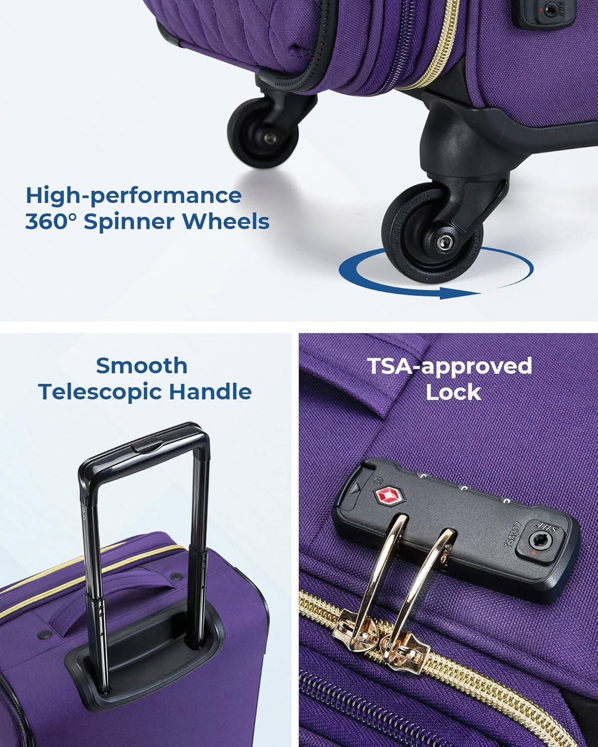 Softside Expandable Luggage Airline Approved with Spinner Wheels, 20 Inch Carry On Luggage 22x14x9 with TSA Lock, Quilted Rolling Suitcases for Women, Purple