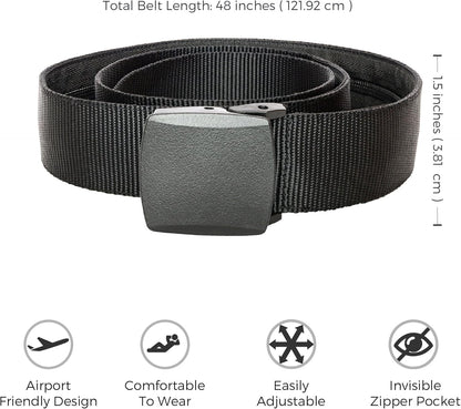 Travel Security Belt - Hidden Money Belt Pouch - Anti-Theft Concealable Design with Zipper Pocket for Cash, Card, Accessories - Adjustable Fit for Men and Women