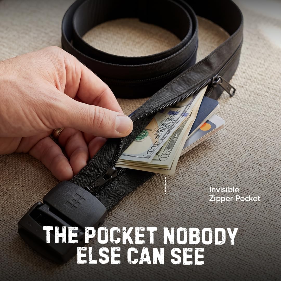 Travel Security Belt - Hidden Money Belt Pouch - Anti-Theft Concealable Design with Zipper Pocket for Cash, Card, Accessories - Adjustable Fit for Men and Women