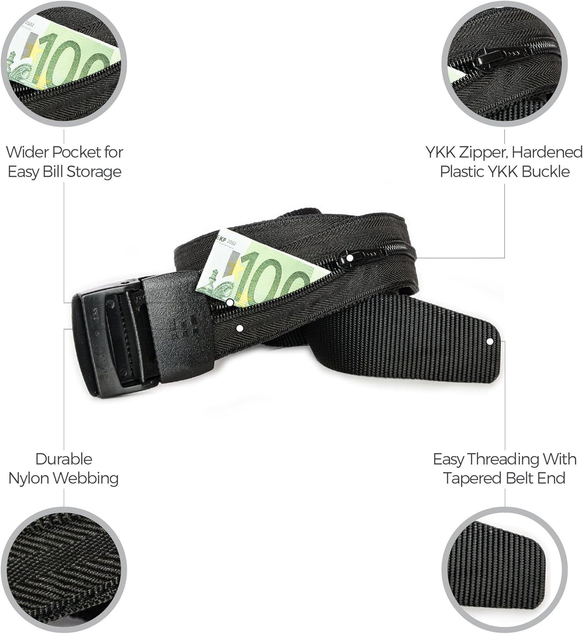 Travel Security Belt - Hidden Money Belt Pouch - Anti-Theft Concealable Design with Zipper Pocket for Cash, Card, Accessories - Adjustable Fit for Men and Women