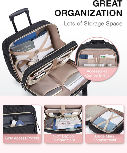 17.3 Inch Rolling Laptop Bag for Women and Men, Briefcase With Wheels, Computer Case for Work Travel Business, Quilted Black