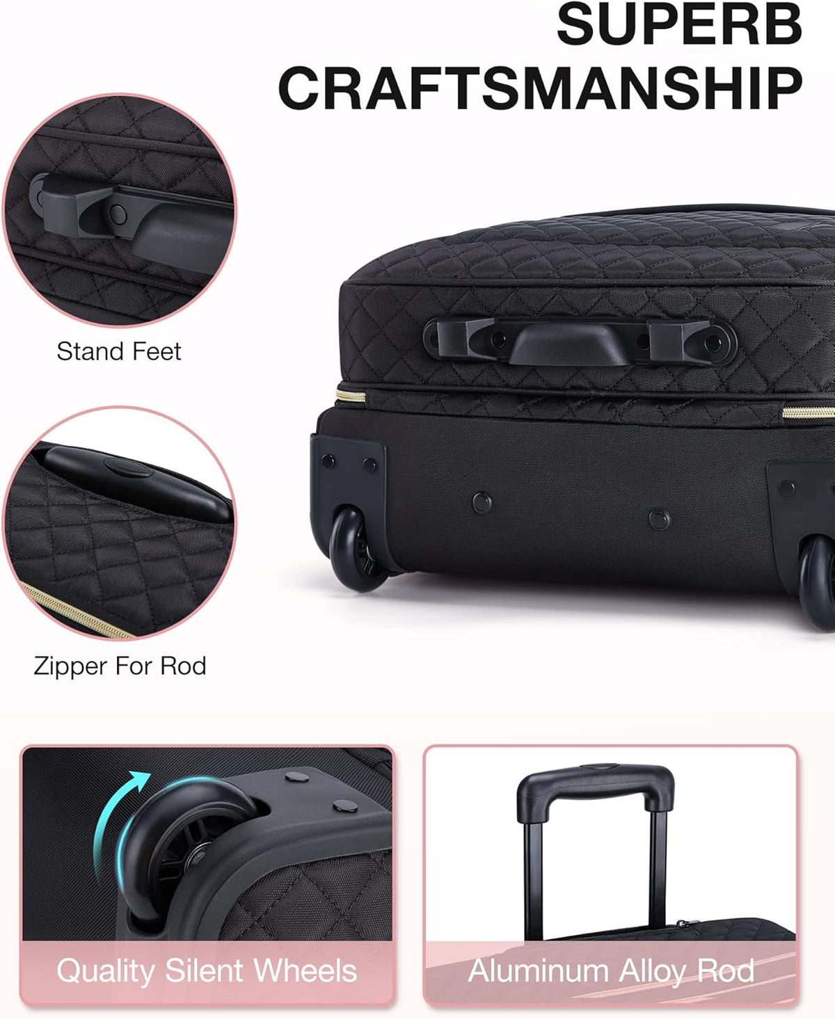 17.3 Inch Rolling Laptop Bag for Women and Men, Briefcase With Wheels, Computer Case for Work Travel Business, Quilted Black