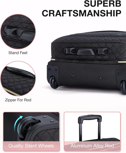 17.3 Inch Rolling Laptop Bag for Women and Men, Briefcase With Wheels, Computer Case for Work Travel Business, Quilted Black