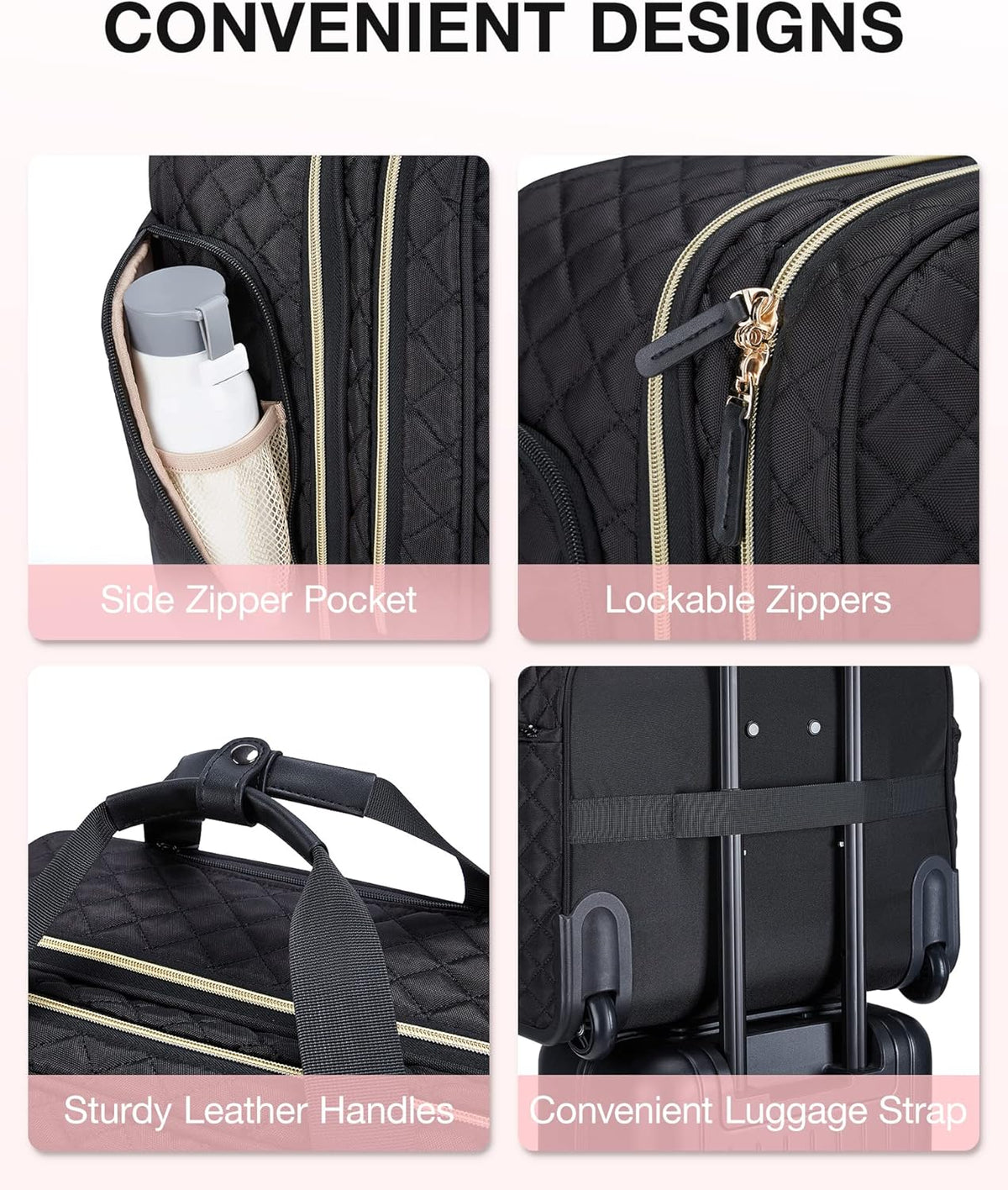 17.3 Inch Rolling Laptop Bag for Women and Men, Briefcase With Wheels, Computer Case for Work Travel Business, Quilted Black