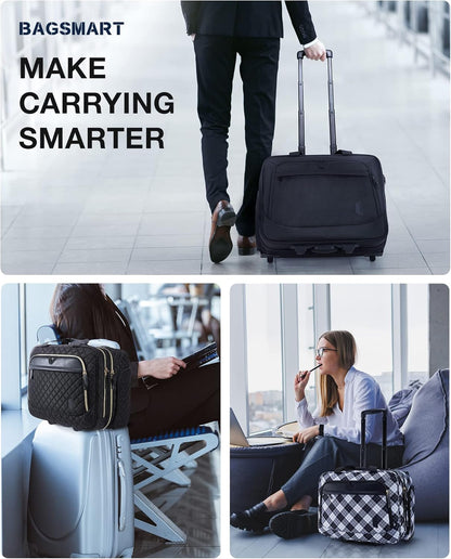 17.3 Inch Rolling Laptop Bag for Women and Men, Briefcase With Wheels, Computer Case for Work Travel Business, Quilted Black