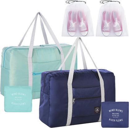Travel Bag 2PCS Foldable Duffle Tote Weekender Overnight Luggage Bag | 2PCS Travel Bag Carry on Nylon Lightweight Foldable Duffle Tote for Sports Gym Weekender Overnight (With 2 Waterproof Pouch)