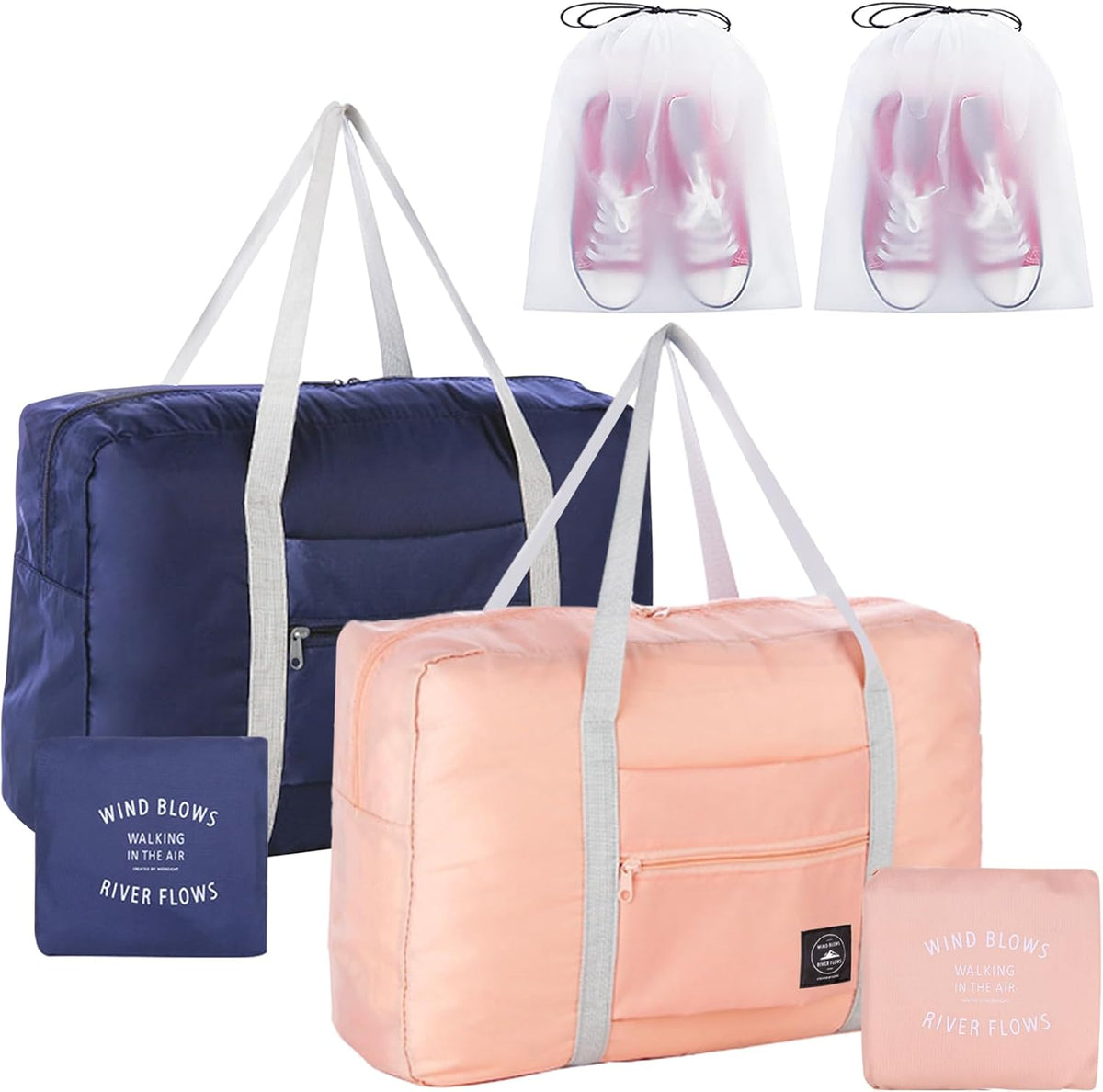 Travel Bag 2PCS Foldable Duffle Tote Weekender Overnight Luggage Bag | 2PCS Travel Bag Carry on Nylon Lightweight Foldable Duffle Tote for Sports Gym Weekender Overnight (With 2 Waterproof Pouch)