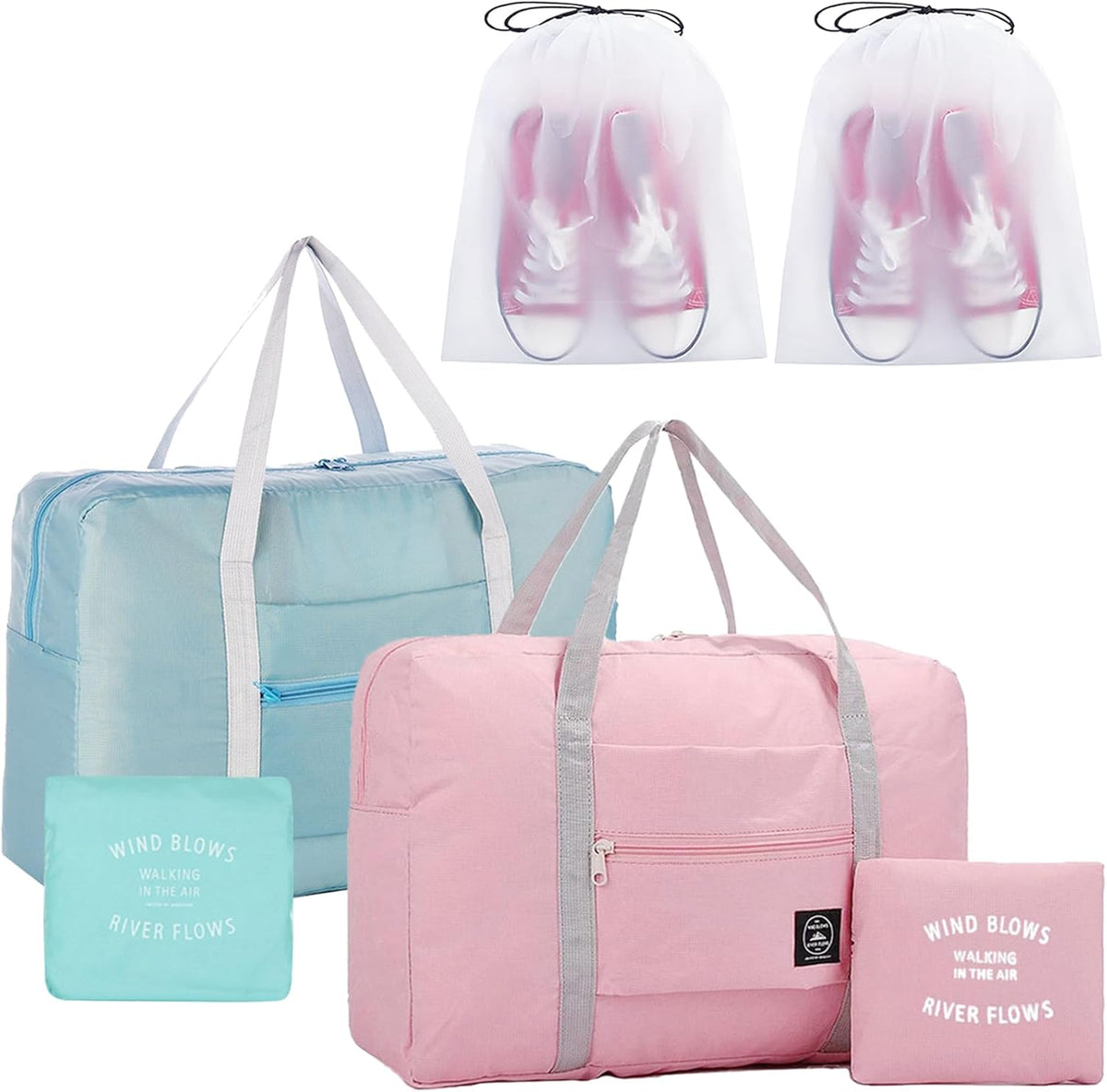 Travel Bag 2PCS Foldable Duffle Tote Weekender Overnight Luggage Bag | 2PCS Travel Bag Carry on Nylon Lightweight Foldable Duffle Tote for Sports Gym Weekender Overnight (With 2 Waterproof Pouch)