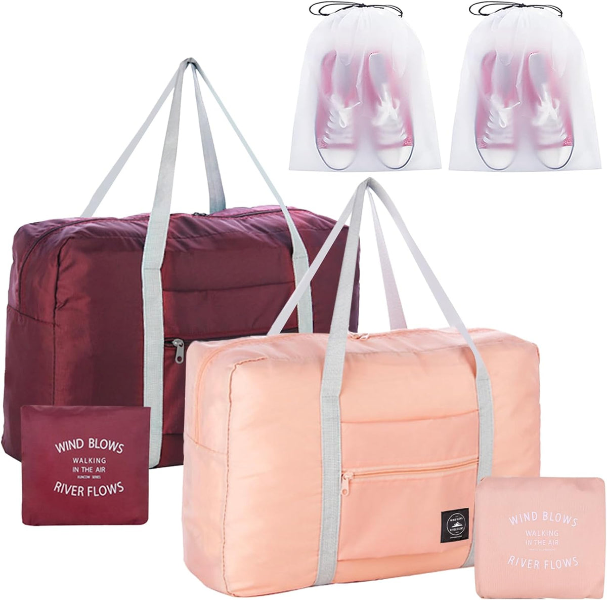 Travel Bag 2PCS Foldable Duffle Tote Weekender Overnight Luggage Bag | 2PCS Travel Bag Carry on Nylon Lightweight Foldable Duffle Tote for Sports Gym Weekender Overnight (With 2 Waterproof Pouch)