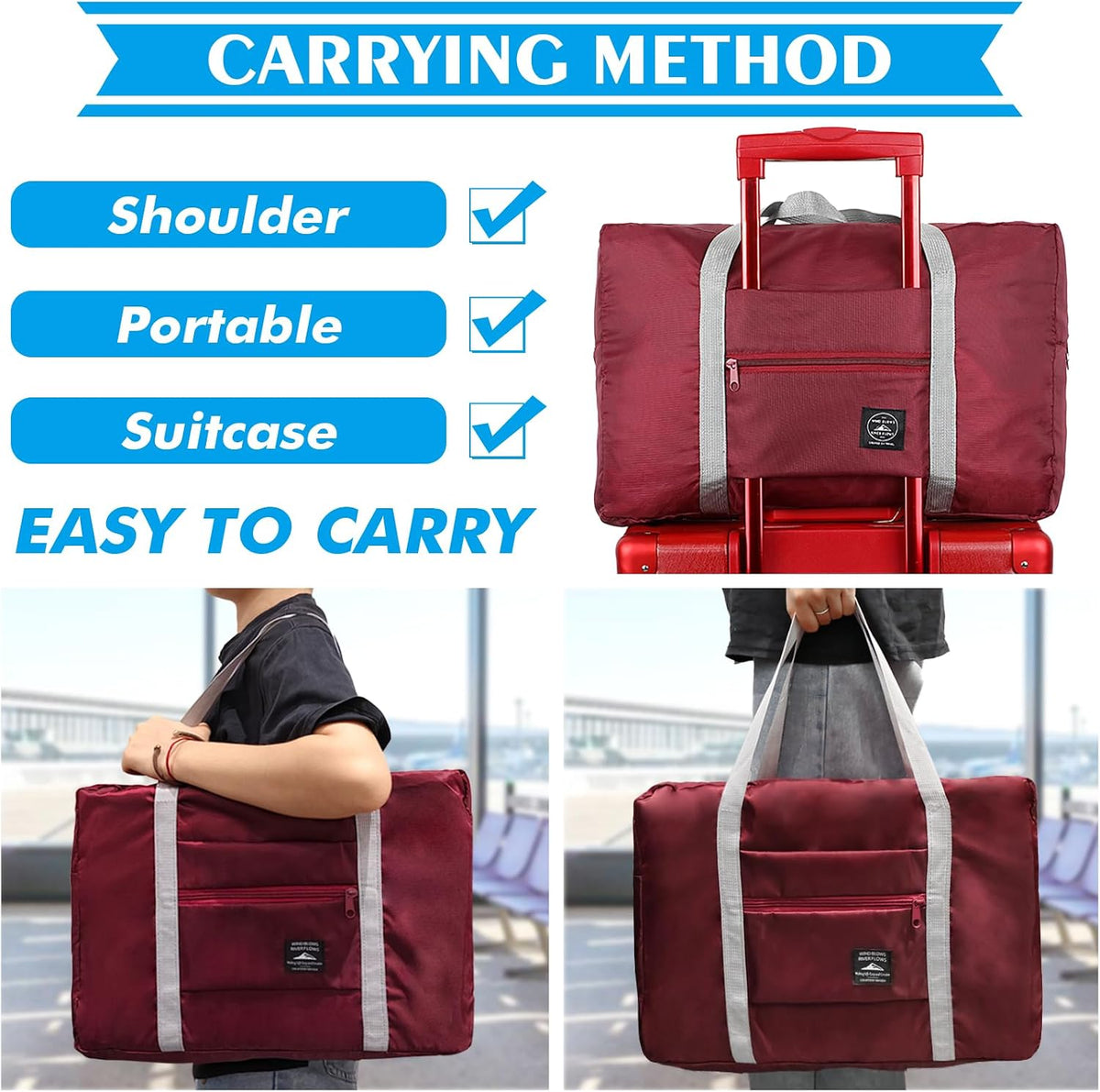 Travel Bag 2PCS Foldable Duffle Tote Weekender Overnight Luggage Bag | 2PCS Travel Bag Carry on Nylon Lightweight Foldable Duffle Tote for Sports Gym Weekender Overnight (With 2 Waterproof Pouch)