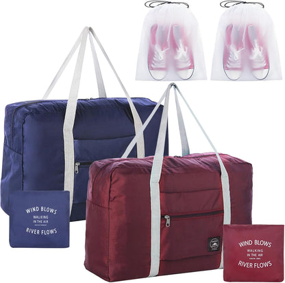 Travel Bag 2PCS Foldable Duffle Tote Weekender Overnight Luggage Bag | 2PCS Travel Bag Carry on Nylon Lightweight Foldable Duffle Tote for Sports Gym Weekender Overnight (With 2 Waterproof Pouch)