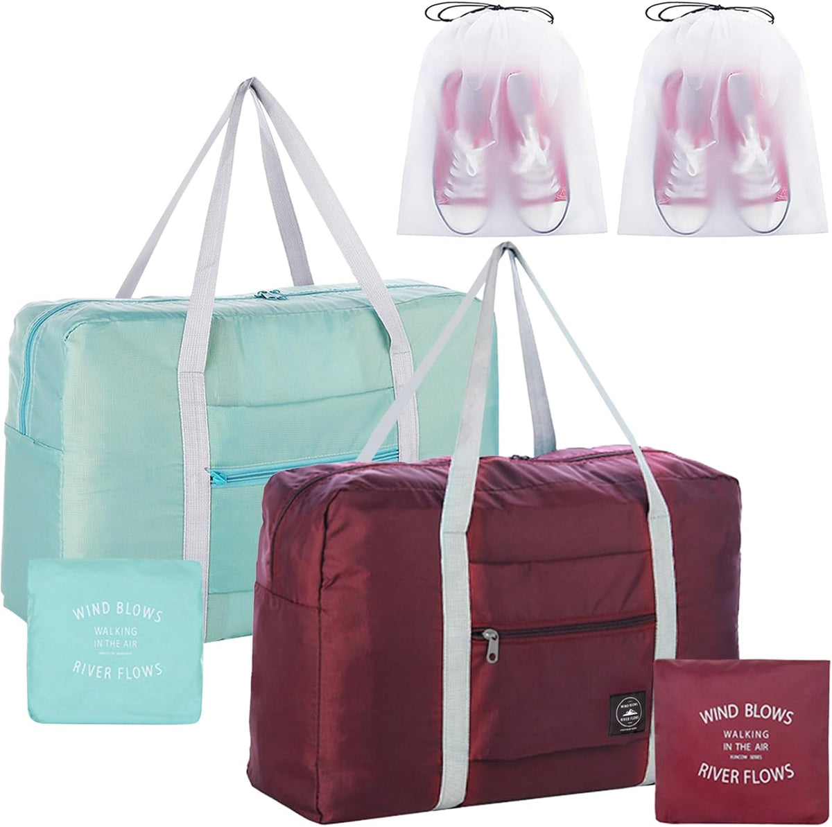 Travel Bag 2PCS Foldable Duffle Tote Weekender Overnight Luggage Bag | 2PCS Travel Bag Carry on Nylon Lightweight Foldable Duffle Tote for Sports Gym Weekender Overnight (With 2 Waterproof Pouch)