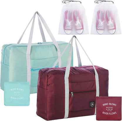 Travel Bag 2PCS Foldable Duffle Tote Weekender Overnight Luggage Bag | 2PCS Travel Bag Carry on Nylon Lightweight Foldable Duffle Tote for Sports Gym Weekender Overnight (With 2 Waterproof Pouch)