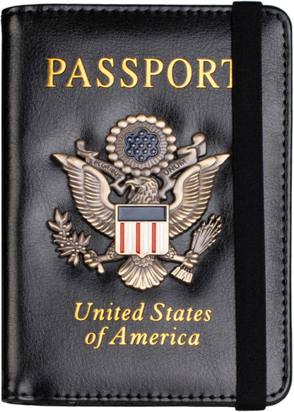 RFID Blocking Passport Holder, Leather Travel Wallet, Dark Blue | Travel Document Holder Cover Accessories, 3D Metal Badge, For Women Men
