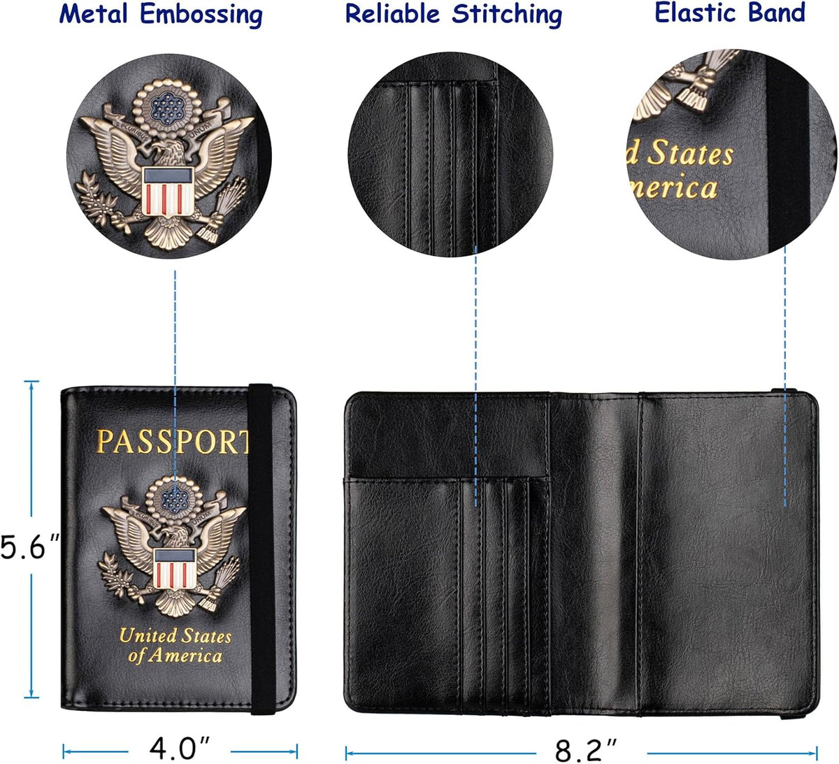 RFID Blocking Passport Holder, Leather Travel Wallet, Dark Blue | Travel Document Holder Cover Accessories, 3D Metal Badge, For Women Men