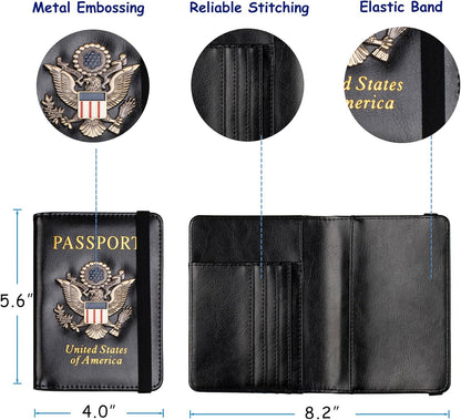 RFID Blocking Passport Holder, Leather Travel Wallet, Dark Blue | Travel Document Holder Cover Accessories, 3D Metal Badge, For Women Men