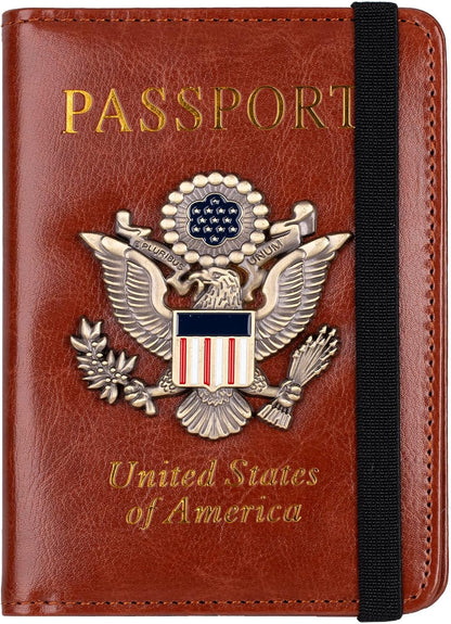 RFID Blocking Passport Holder, Leather Travel Wallet, Dark Blue | Travel Document Holder Cover Accessories, 3D Metal Badge, For Women Men
