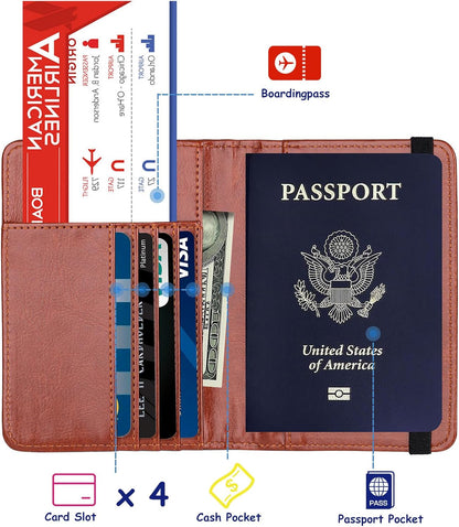 RFID Blocking Passport Holder, Leather Travel Wallet, Dark Blue | Travel Document Holder Cover Accessories, 3D Metal Badge, For Women Men