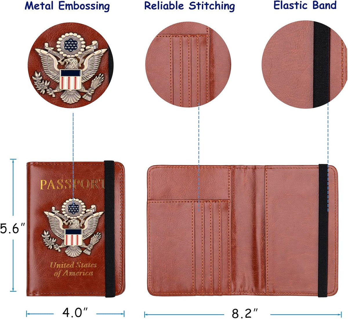 RFID Blocking Passport Holder, Leather Travel Wallet, Dark Blue | Travel Document Holder Cover Accessories, 3D Metal Badge, For Women Men