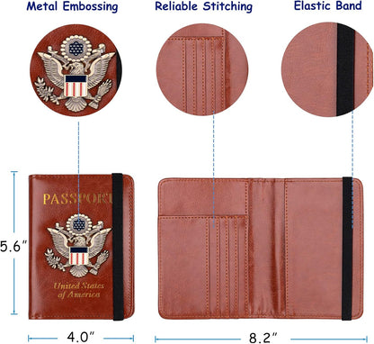 RFID Blocking Passport Holder, Leather Travel Wallet, Dark Blue | Travel Document Holder Cover Accessories, 3D Metal Badge, For Women Men
