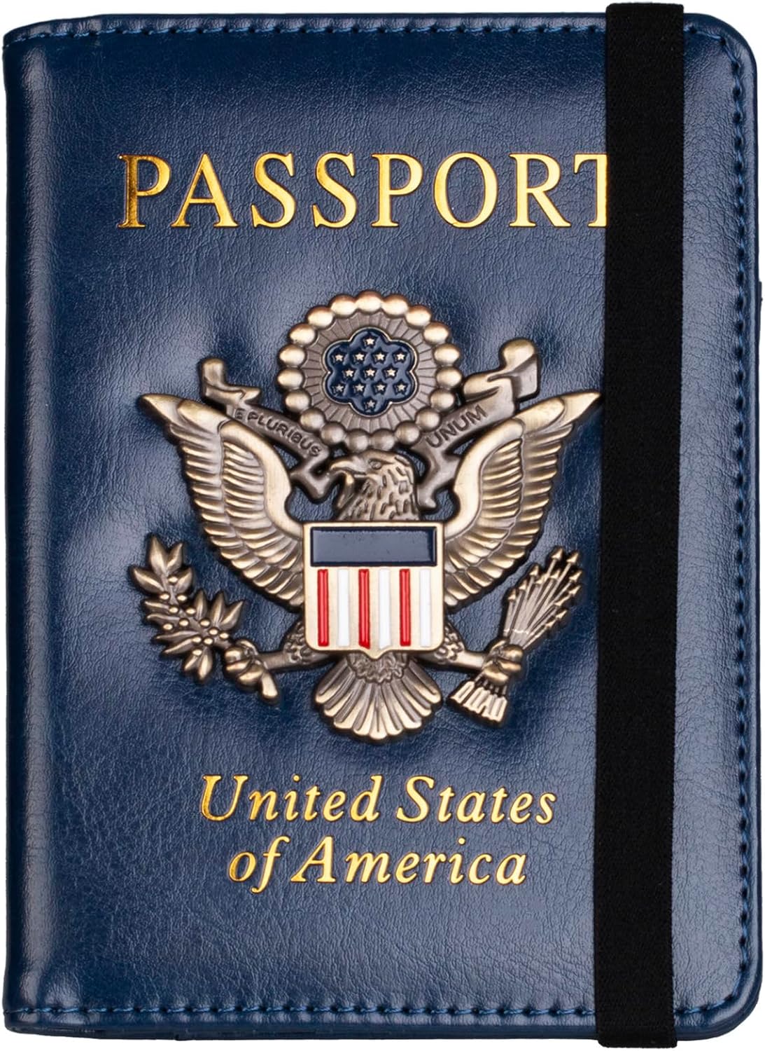 RFID Blocking Passport Holder, Leather Travel Wallet, Dark Blue | Travel Document Holder Cover Accessories, 3D Metal Badge, For Women Men