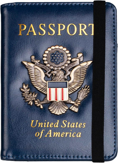 RFID Blocking Passport Holder, Leather Travel Wallet, Dark Blue | Travel Document Holder Cover Accessories, 3D Metal Badge, For Women Men