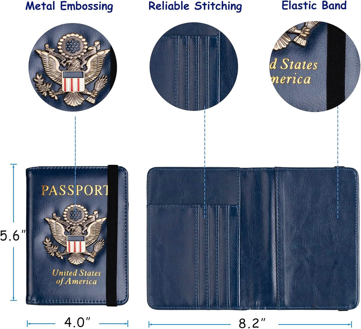 RFID Blocking Passport Holder, Leather Travel Wallet, Dark Blue | Travel Document Holder Cover Accessories, 3D Metal Badge, For Women Men