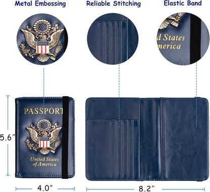 RFID Blocking Passport Holder, Leather Travel Wallet, Dark Blue | Travel Document Holder Cover Accessories, 3D Metal Badge, For Women Men