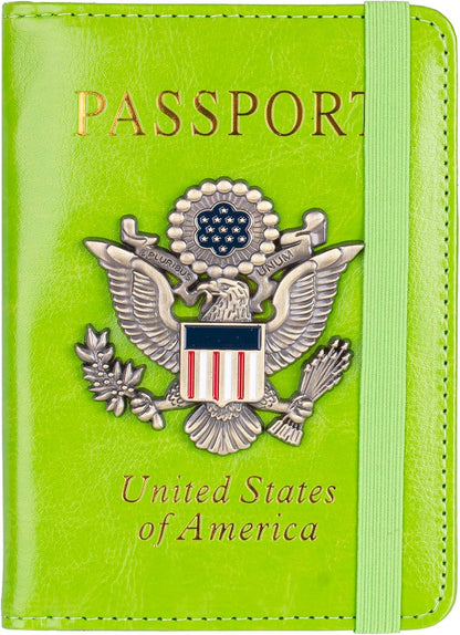 RFID Blocking Passport Holder, Leather Travel Wallet, Dark Blue | Travel Document Holder Cover Accessories, 3D Metal Badge, For Women Men