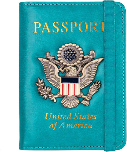 RFID Blocking Passport Holder, Leather Travel Wallet, Dark Blue | Travel Document Holder Cover Accessories, 3D Metal Badge, For Women Men