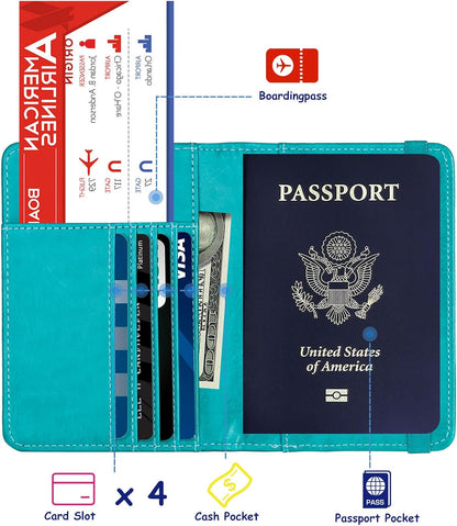 RFID Blocking Passport Holder, Leather Travel Wallet, Dark Blue | Travel Document Holder Cover Accessories, 3D Metal Badge, For Women Men