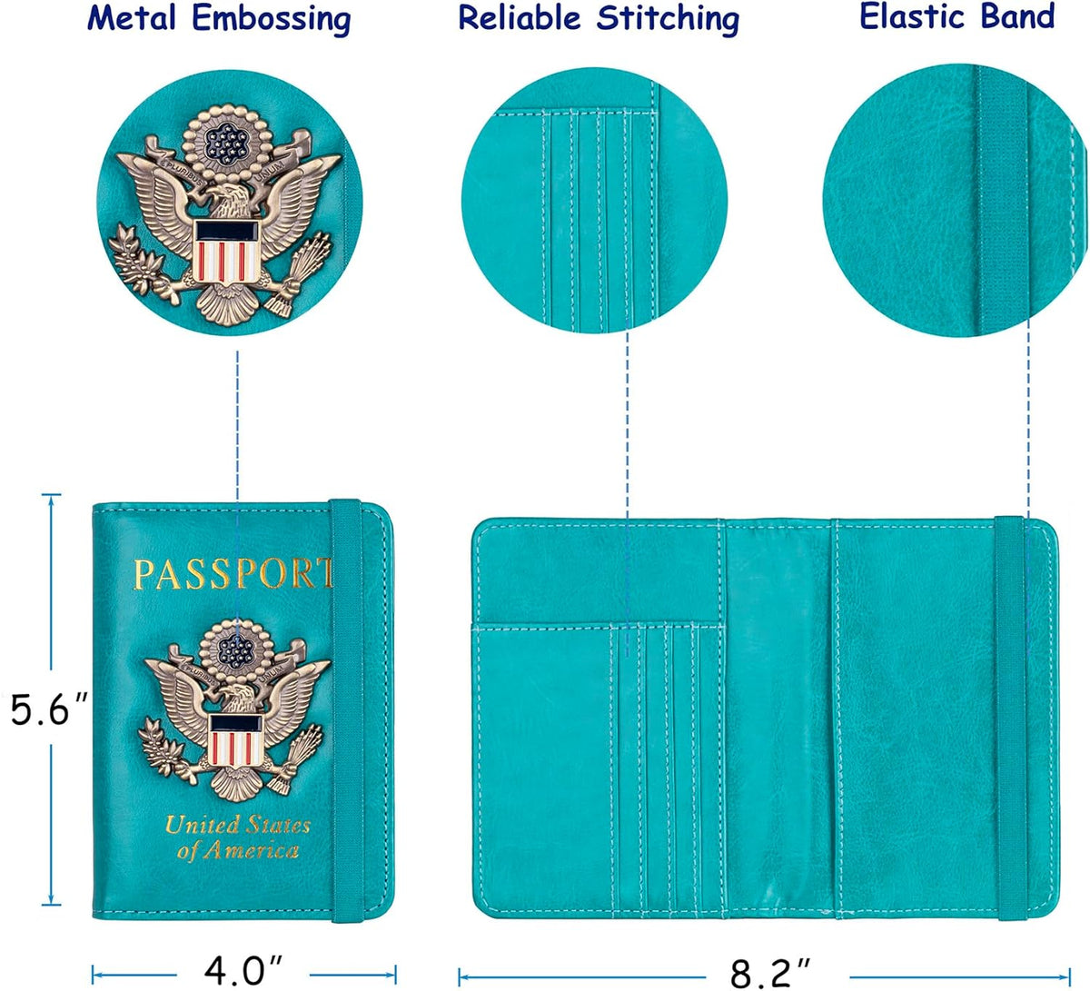 RFID Blocking Passport Holder, Leather Travel Wallet, Dark Blue | Travel Document Holder Cover Accessories, 3D Metal Badge, For Women Men