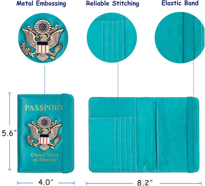 RFID Blocking Passport Holder, Leather Travel Wallet, Dark Blue | Travel Document Holder Cover Accessories, 3D Metal Badge, For Women Men