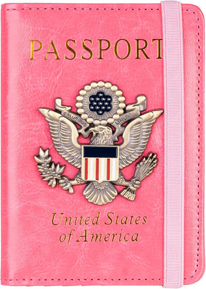 RFID Blocking Passport Holder, Leather Travel Wallet, Dark Blue | Travel Document Holder Cover Accessories, 3D Metal Badge, For Women Men