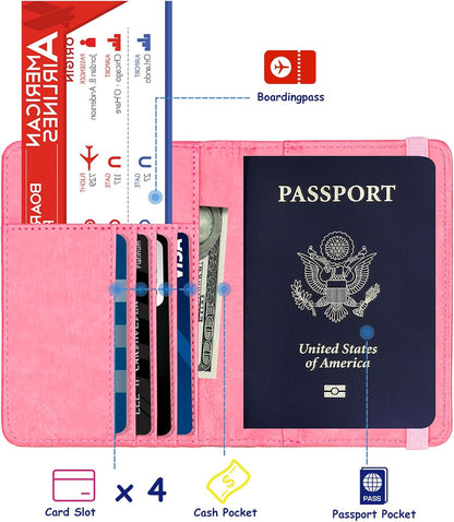 RFID Blocking Passport Holder, Leather Travel Wallet, Dark Blue | Travel Document Holder Cover Accessories, 3D Metal Badge, For Women Men