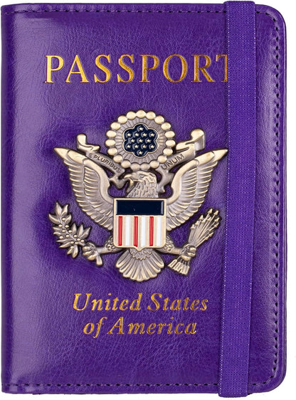 RFID Blocking Passport Holder, Leather Travel Wallet, Dark Blue | Travel Document Holder Cover Accessories, 3D Metal Badge, For Women Men