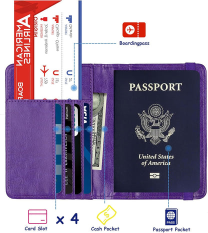 RFID Blocking Passport Holder, Leather Travel Wallet, Dark Blue | Travel Document Holder Cover Accessories, 3D Metal Badge, For Women Men