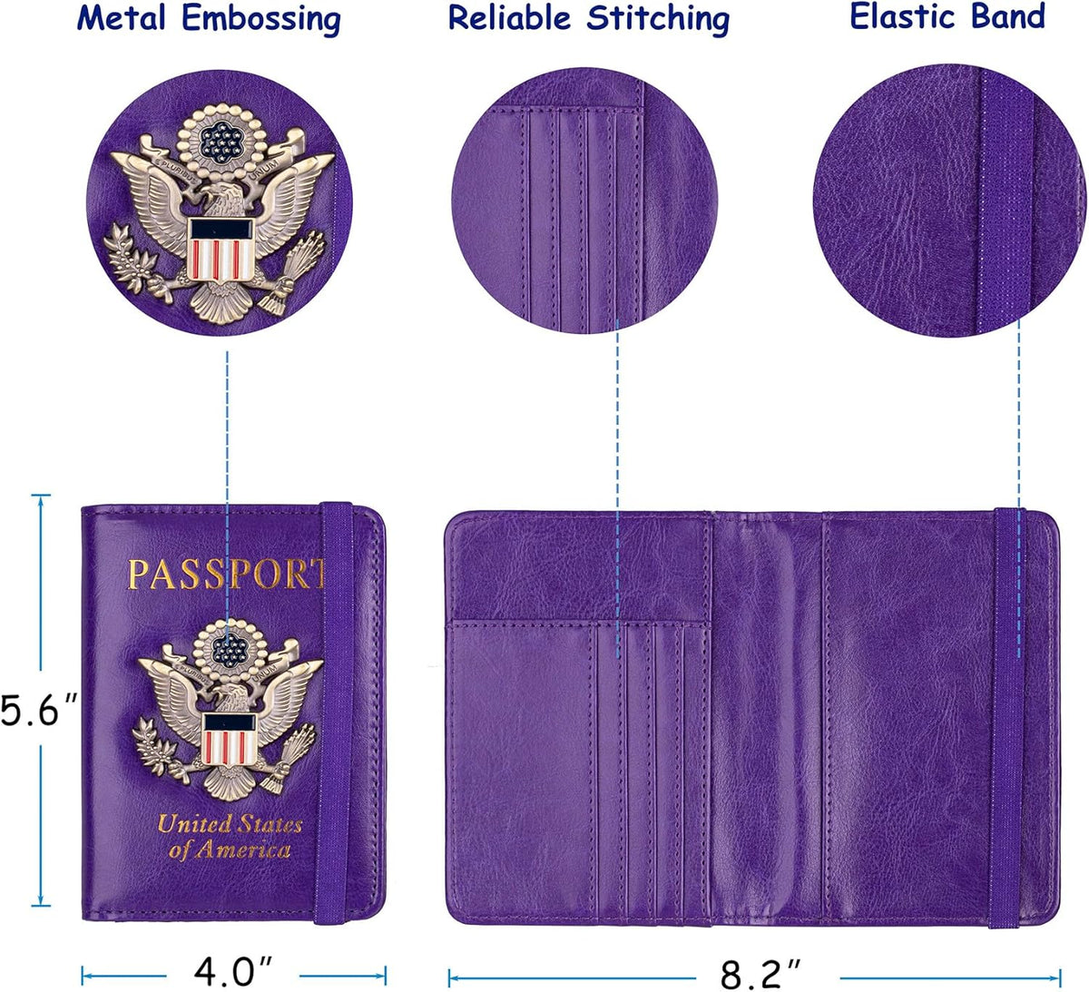 RFID Blocking Passport Holder, Leather Travel Wallet, Dark Blue | Travel Document Holder Cover Accessories, 3D Metal Badge, For Women Men