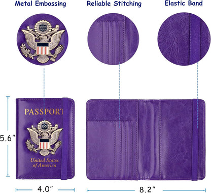 RFID Blocking Passport Holder, Leather Travel Wallet, Dark Blue | Travel Document Holder Cover Accessories, 3D Metal Badge, For Women Men