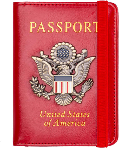 RFID Blocking Passport Holder, Leather Travel Wallet, Dark Blue | Travel Document Holder Cover Accessories, 3D Metal Badge, For Women Men