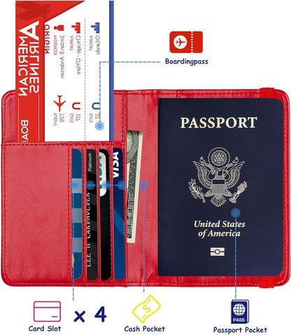 RFID Blocking Passport Holder, Leather Travel Wallet, Dark Blue | Travel Document Holder Cover Accessories, 3D Metal Badge, For Women Men