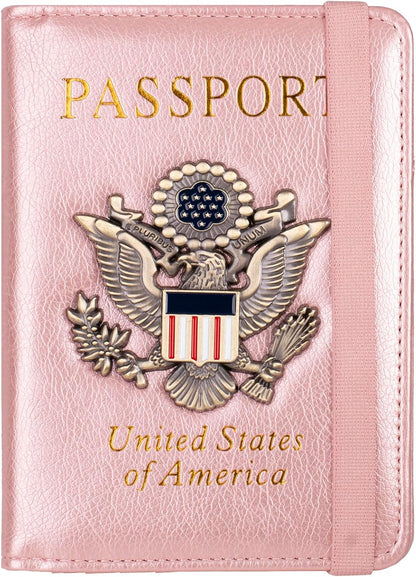 RFID Blocking Passport Holder, Leather Travel Wallet, Dark Blue | Travel Document Holder Cover Accessories, 3D Metal Badge, For Women Men