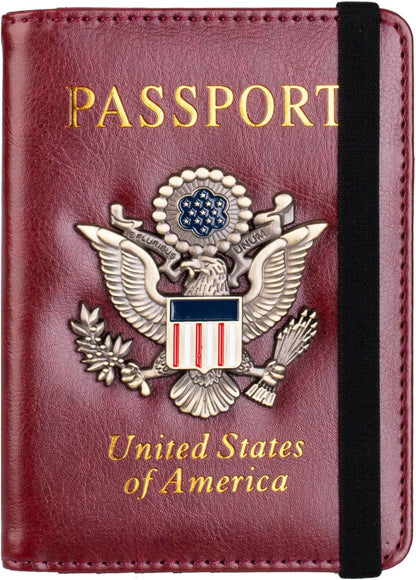 RFID Blocking Passport Holder, Leather Travel Wallet, Dark Blue | Travel Document Holder Cover Accessories, 3D Metal Badge, For Women Men