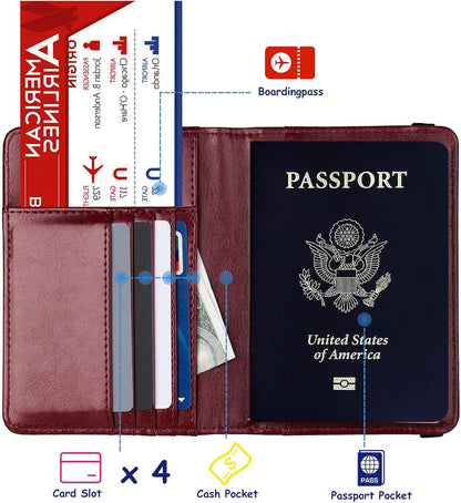 RFID Blocking Passport Holder, Leather Travel Wallet, Dark Blue | Travel Document Holder Cover Accessories, 3D Metal Badge, For Women Men