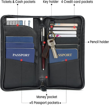 Polare Full Grain Leather Family Travel Passport Wallet and Documents Organizer RFID Blocking Case Holder Fits 6 Passports for Men and Women