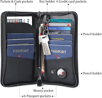 Polare Full Grain Leather Family Travel Passport Wallet and Documents Organizer RFID Blocking Case Holder Fits 6 Passports for Men and Women